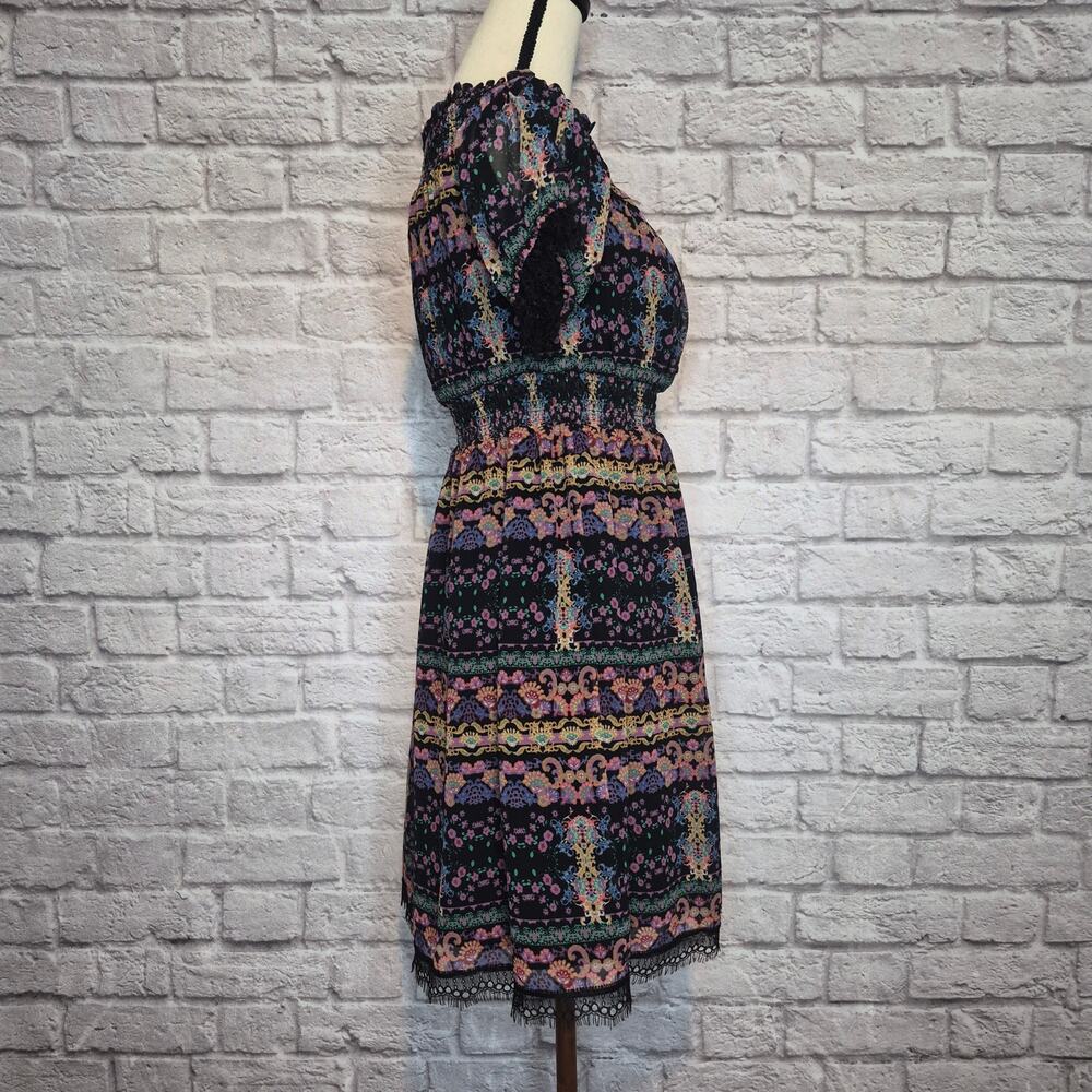 Sui Anna Sui Smocked Boho Peasant Dress Black Lace Multicolor Tribal Print Sz S - Picture 9 of 11